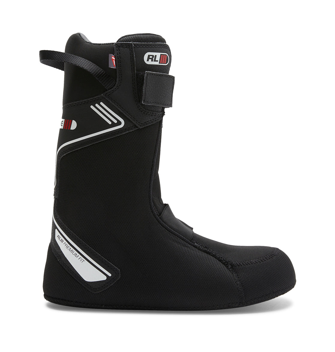 The Men’s Transcend BOA® Snowboard Boots from DC Shoes feature a sleek black liner with a Velcro strap at the top, white accents, and a convenient pull loop on the back. Subtle branding and a minimal design make these boots an ideal choice for all-mountain riders seeking comfort and versatility.
