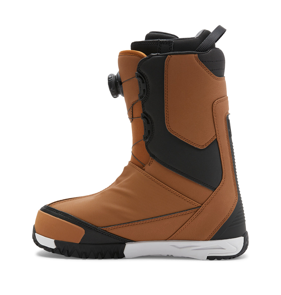 A single DC Shoes Men’s Transcend BOA® Snowboard Boot in brown and black, shown from the side, features a white sole, BOA Fit System dial lacing, and reinforced padding around the ankle and heel areas.