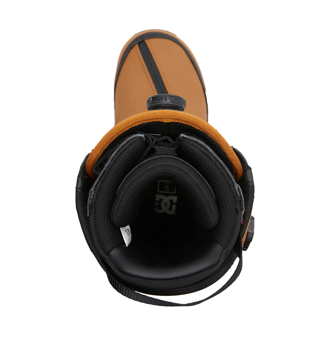 Top view of the Men’s Transcend BOA® Snowboard Boot by DC Shoes in brown and black, featuring a padded collar, BOA Fit System adjustment dial, PrimaLoft-insulated interior lining, and an inner tag visible.