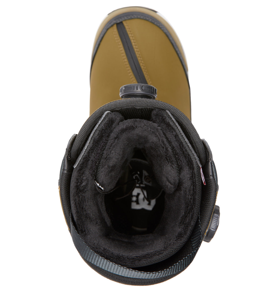 Top view of a single DC Shoes Men’s Transcend BOA® Snowboard Boot in tan and black, with a thick, soft black inner lining and a rounded toe, featuring PrimaLoft insulation for warmth and all-mountain performance.