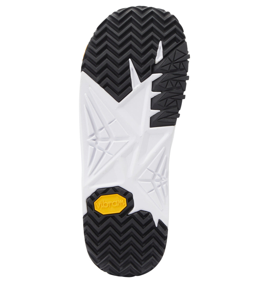 The Men’s Transcend BOA® Snowboard Boots by DC Shoes feature a black and white sole with geometric tread patterns and a yellow Vibram logo near the heel, shown from the bottom against a white background. Engineered for all-mountain performance, these boots are equipped with a durable Vibram outsole that delivers exceptional grip and traction across diverse terrain.