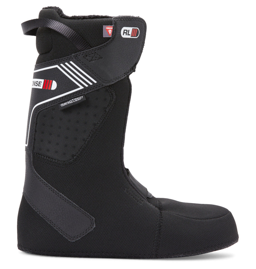 The Men’s Transcend BOA® Snowboard Boots by DC Shoes are shown from the side against a plain white background, featuring a black boot liner with white graphic accents and red logo details, designed for all-mountain performance.