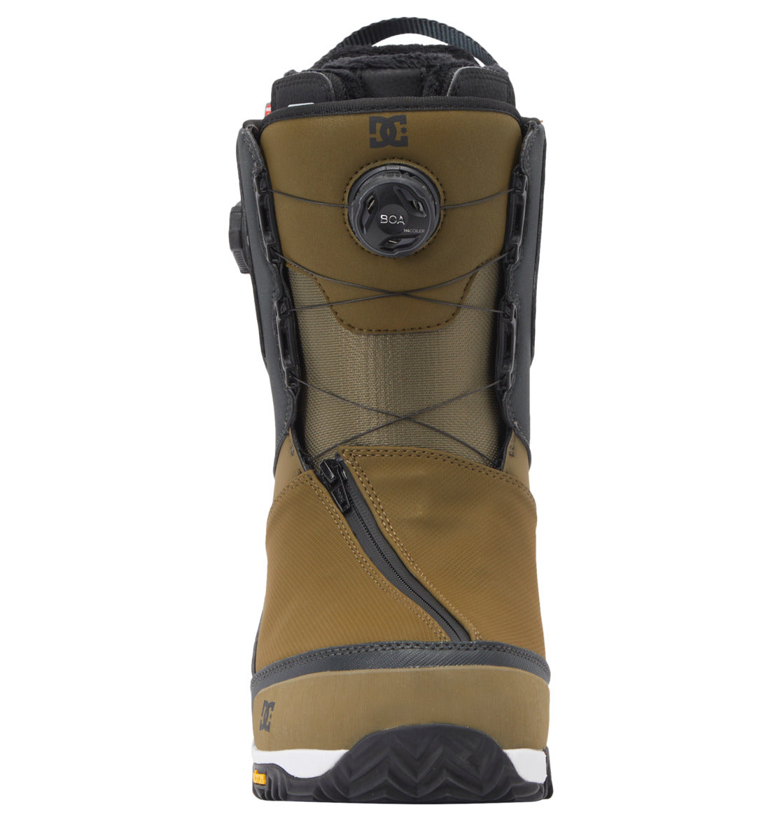 The Men’s Transcend BOA® Snowboard Boot by DC Shoes is shown from the front against a white background, featuring a brown and black design with a BOA dial closure system and a front zipper for all-mountain performance.