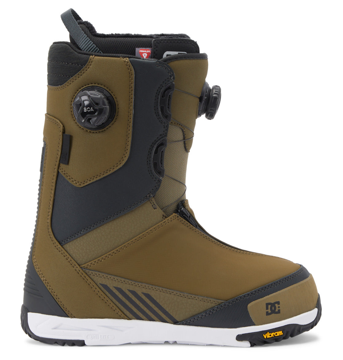 A single Men’s Transcend BOA® Snowboard Boot by DC Shoes, shown in olive green and black with a BOA lacing system, rugged Vibram outsole for all-mountain performance, and visible DC Shoes and Vibram logos, viewed from the side on a white background.