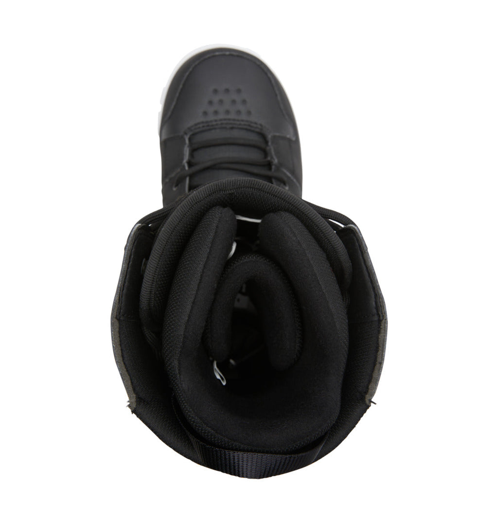 Top view of the DC Shoes Men’s Phase Lace Snowboard Boots in black, featuring a padded, cushioned collar and tongue that reveal the boot’s interior and classic lace closure—evoking the secure fit typical of premium snowboard boots—set against a white background.