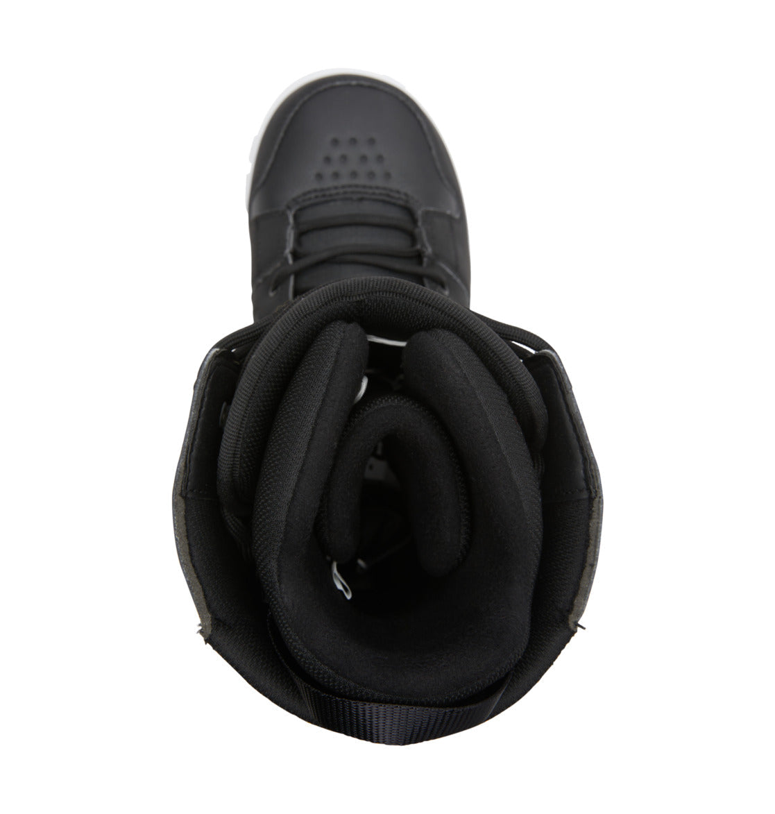 Top view of the DC Shoes Men’s Phase Lace Snowboard Boots in black, featuring a padded, cushioned collar and tongue that reveal the boot’s interior and classic lace closure—evoking the secure fit typical of premium snowboard boots—set against a white background.