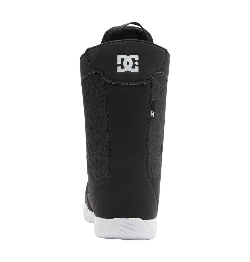 A rear view of the DC Shoes Men’s Phase Lace Snowboard Boots in black, showcasing the white DC Shoes logo at the top and a contrasting white sole. The boot includes a pull tab, visible side stitching, and features a traditional lace closure with medium flex to deliver versatile performance on the slopes.