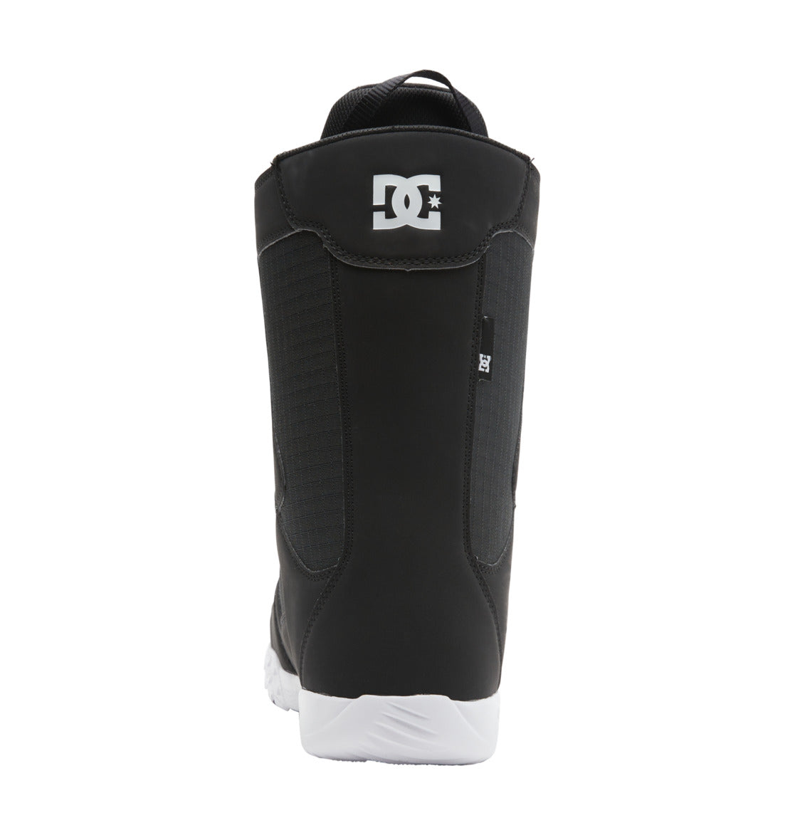 A rear view of the DC Shoes Men’s Phase Lace Snowboard Boots in black, showcasing the white DC Shoes logo at the top and a contrasting white sole. The boot includes a pull tab, visible side stitching, and features a traditional lace closure with medium flex to deliver versatile performance on the slopes.