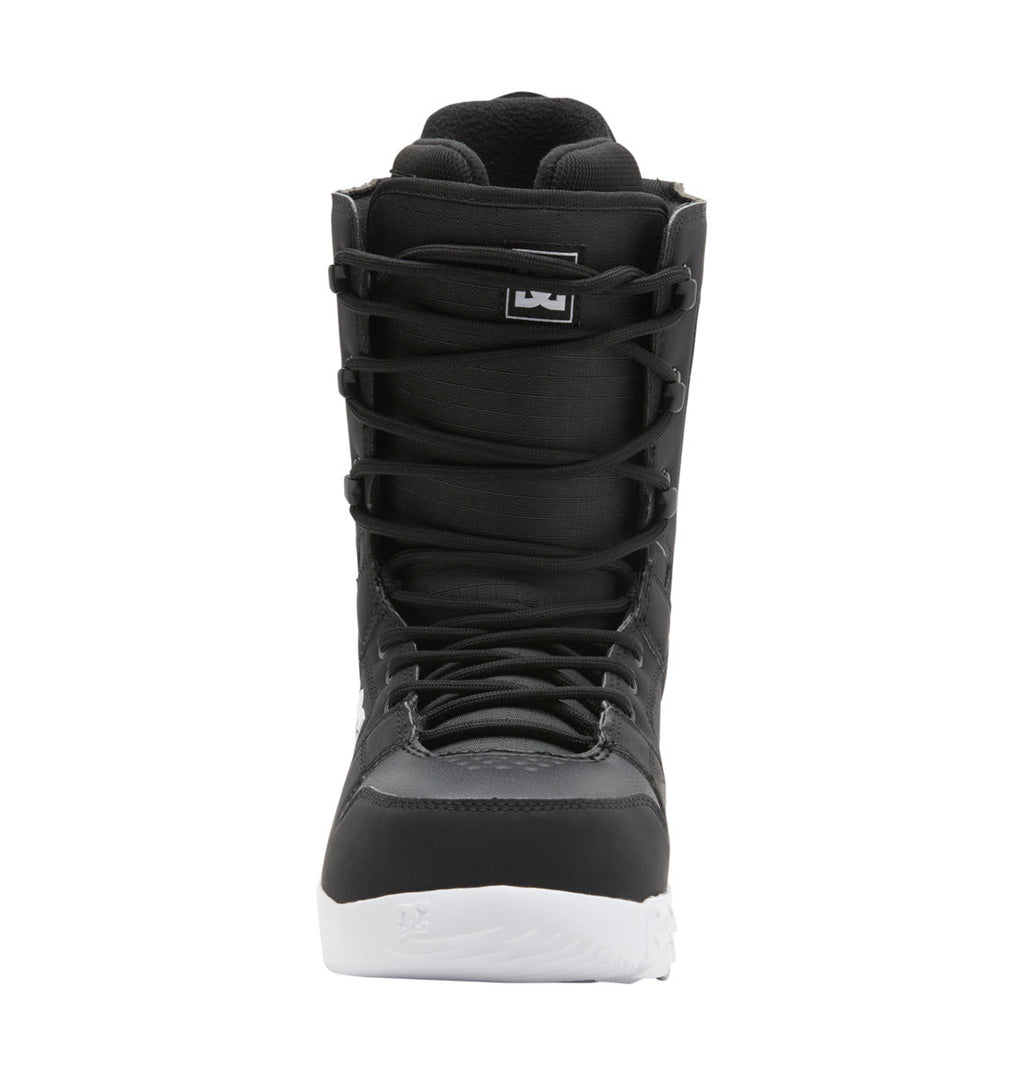 The DC Shoes Men’s Phase Lace Snowboard Boots are shown from the front against a white background, featuring a black design with traditional lace closure, medium flex, and a white sole.