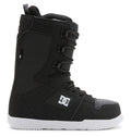 A side view of the Men’s Phase Lace Snowboard Boots by DC Shoes is shown on a white background. The boots are black with medium flex, featuring a white sole, traditional front lace closure, padded ankle support, and a DC Shoes logo on the side.