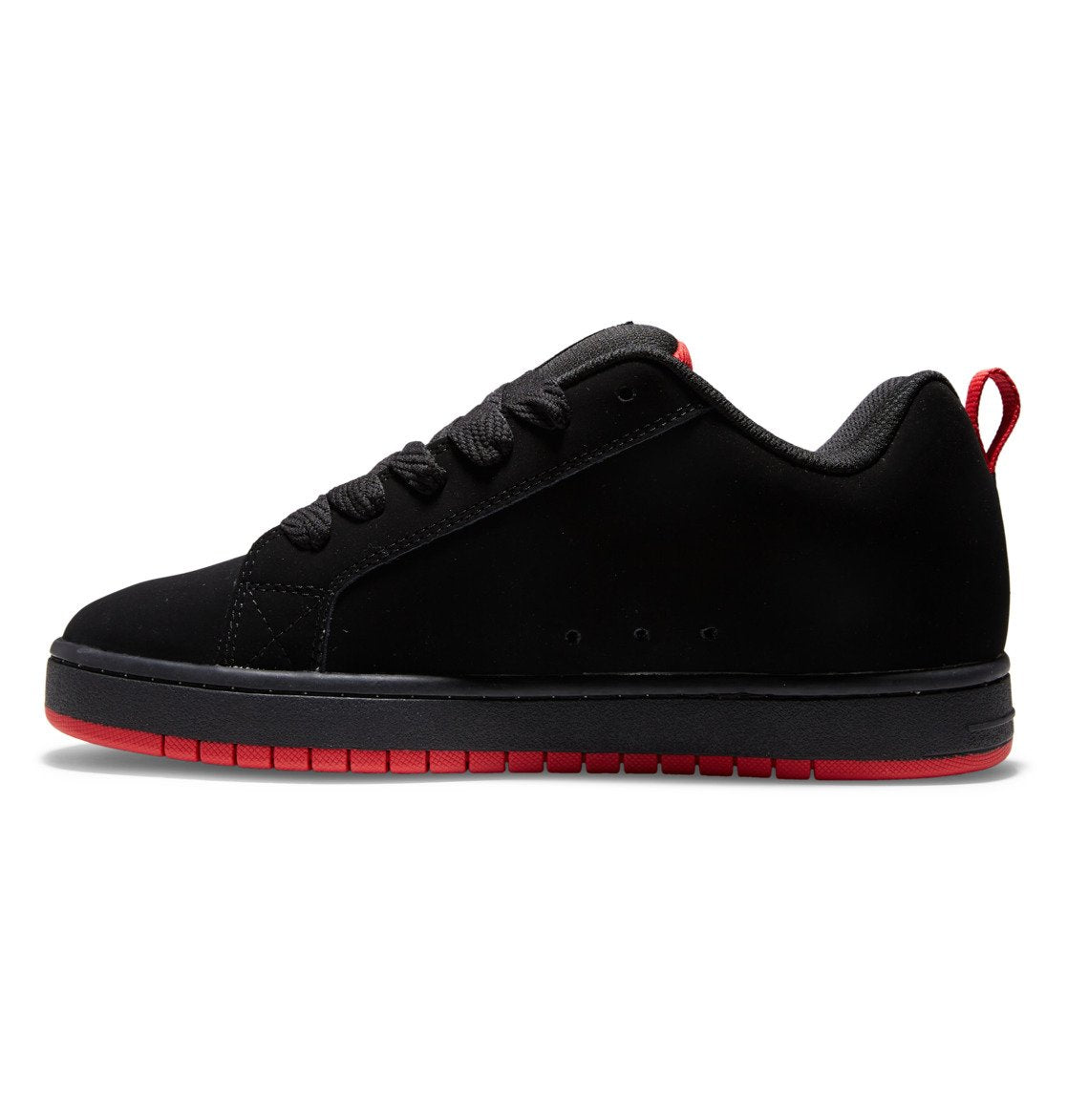 The DC Shoes Men’s Court Graffik Shoes are black low-top sneakers with a puffy silhouette, red accents on the sole and heel, black laces, and a simple, sleek design presented against a white background.