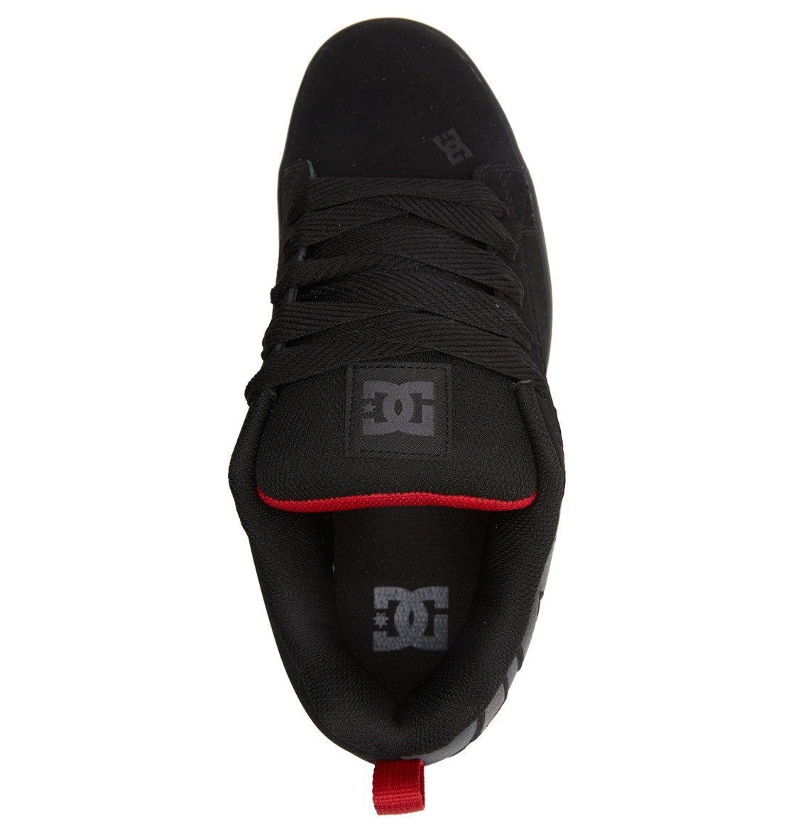 A top view of the Men’s Court Graffik Shoes by DC Shoes showcases a bold, black sneaker with a puffy silhouette, black laces, eye-catching red inner lining detail, and the signature DC Star Logo displayed on the tongue and insole—making it a standout choice among men’s footwear.