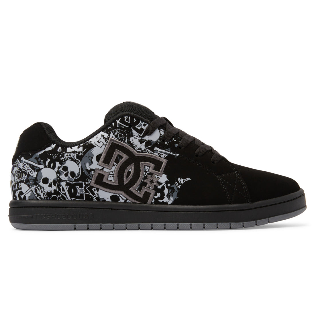Men’s Gaveler Shoes by DC Shoes showcase a bold street style with a large DC logo, skull and graffiti graphics on the side, black laces, and a black sole. These chunky skate shoes are crafted from durable leather for lasting wear.