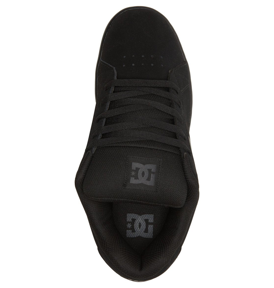 Top view of the Men’s Gaveler Shoes by DC Shoes in black, featuring black laces, perforations on the toe box, and prominent DC Shoes branding on both the padded tongue and insole—crafted from durable leather that defines the signature aesthetic of the Gaveler collection.