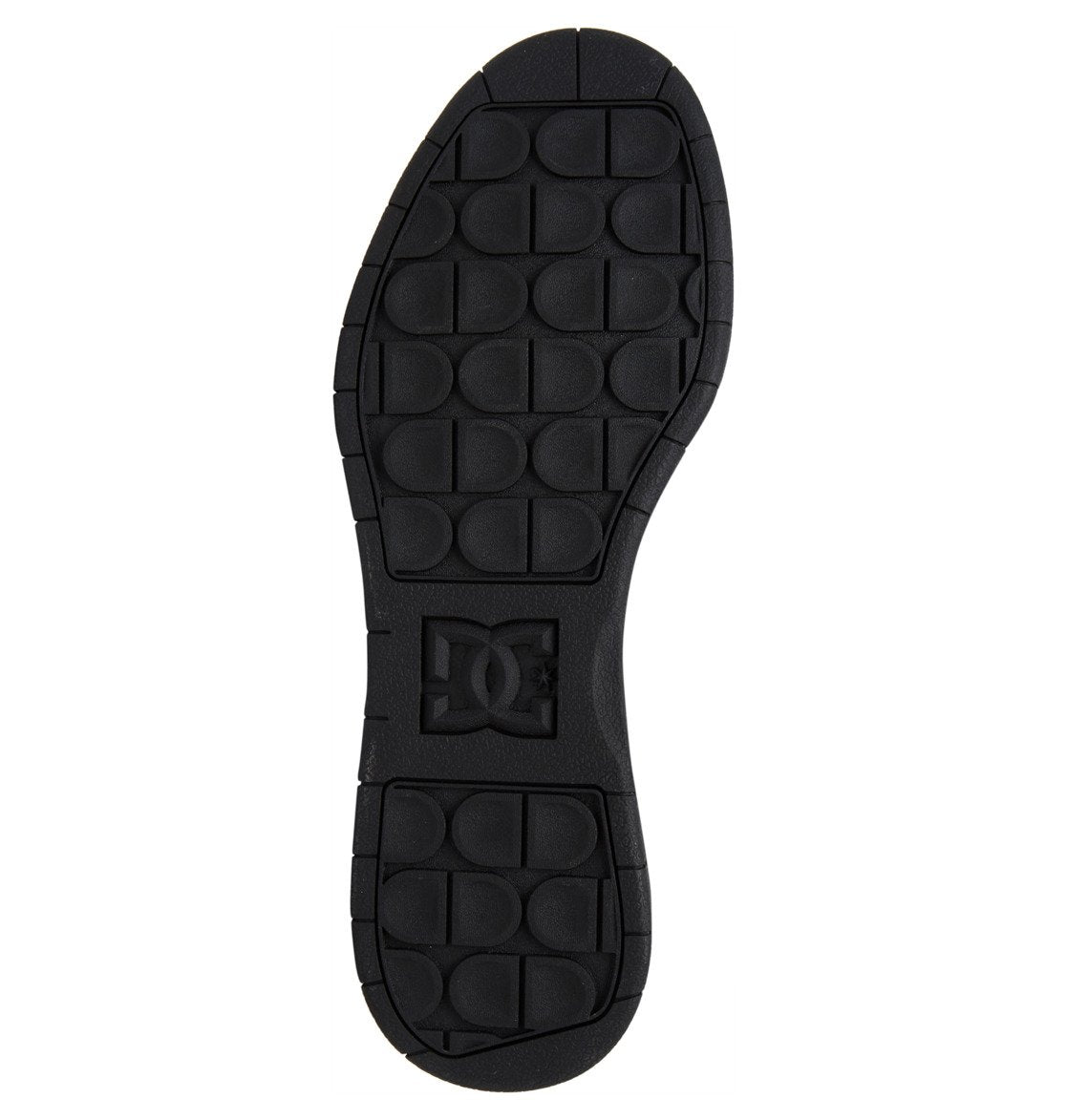 Black cupsole sole of the Men’s Central Shoes features a textured pattern of rounded rectangles and an embossed DC Shoes logo at the center, delivering classic DC style along with outstanding grip and durability.