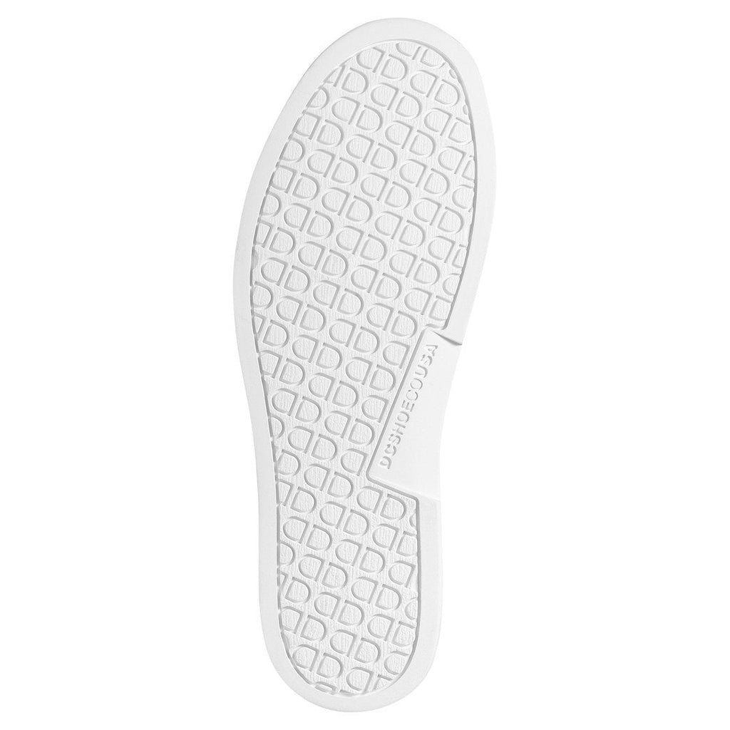 Featuring a white sole with a diamond-shaped tread pattern and a raised rectangular section displaying the DC Shoes logo, the Men’s Villain Slip-On Shoes are ideal for casual wear or as lightweight slip-ons. The sole looks clean and unworn, showcased against a white background.