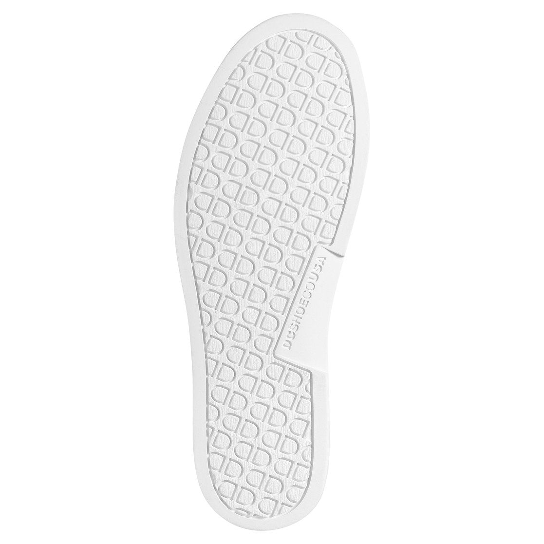 Featuring a white sole with a diamond-shaped tread pattern and a raised rectangular section displaying the DC Shoes logo, the Men’s Villain Slip-On Shoes are ideal for casual wear or as lightweight slip-ons. The sole looks clean and unworn, showcased against a white background.