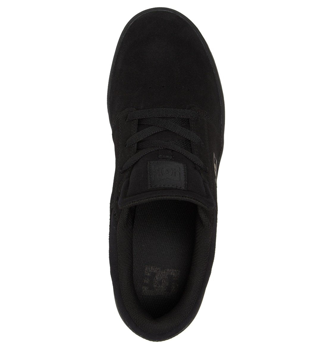 A top-down view of the Men’s Crisis 2 Shoes by DC Shoes in black highlights the laces, a tongue featuring the DC logo, and a padded collar. These skate shoes offer a clean, minimalist look without any bold patterns or colors and are built with a durable performance cupsole for enhanced longevity.