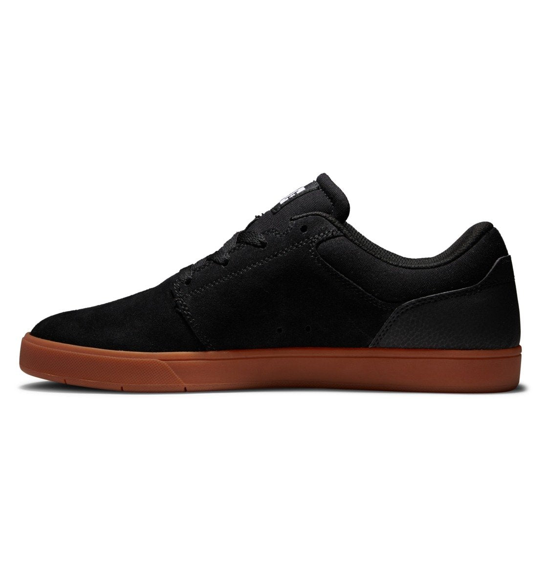 The DC Shoes Men’s Crisis 2 Shoes are modern black low-top skate sneakers featuring a brown gum sole with a performance cup sole design, shown in a side view against a white background.