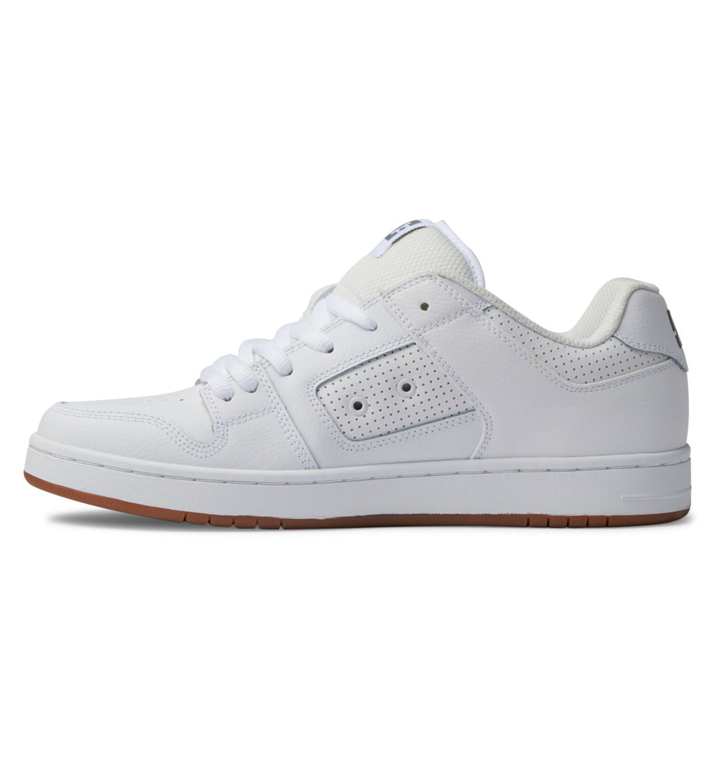The Men’s Manteca 4 Shoes by DC Shoes are white low-top sneakers inspired by classic skate styles, featuring a textured leather upper, perforated side panel, white laces, and a brown rubber sole, shown from the side against a white background.