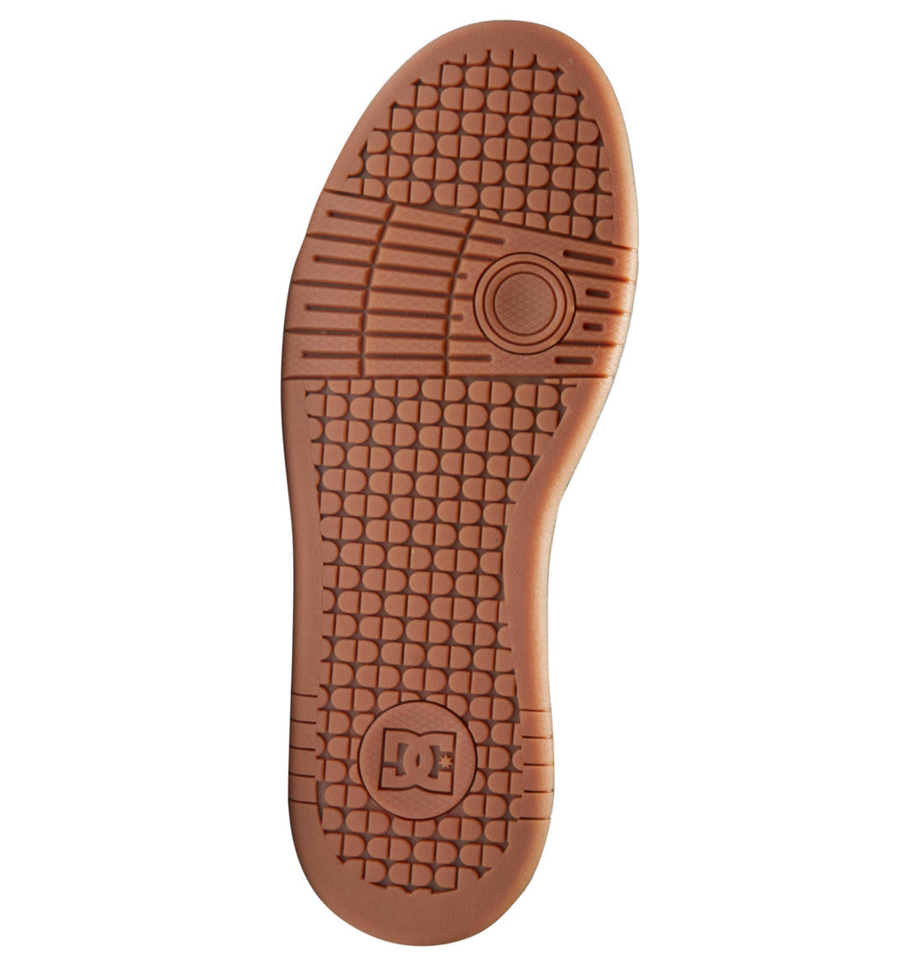 Brown rubber outsole featuring a patterned grip, circular detailing near the ball of the foot, horizontal lines at the toe, and the DC Shoes logo by the heel—delivering classic skate shoe durability and modern comfort inspired by the Men’s Manteca 4 Shoes from DC Shoes.