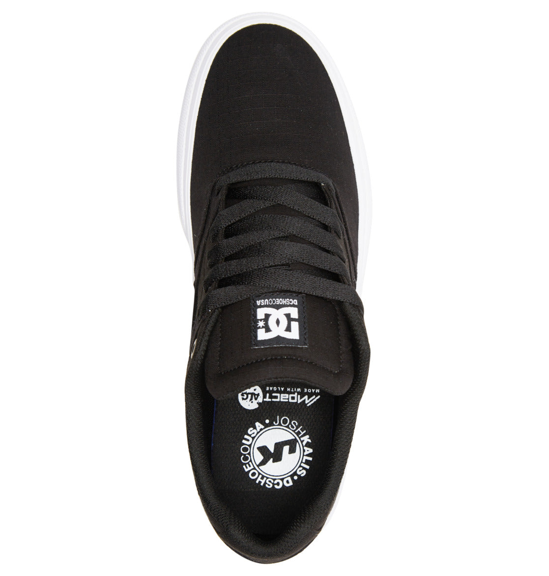 Men’s Manteca 4 Skate Shoes by DC Shoes are showcased from an overhead angle, featuring black laces, a sturdy cupsole with a white sidewall, and the signature DC logo displayed on both the tongue and insole. Crafted for exceptional style and performance, these sleek new sneakers come equipped with impact protection insoles to ensure lasting comfort throughout every skate session. The shoes are presented against a clean white background.
