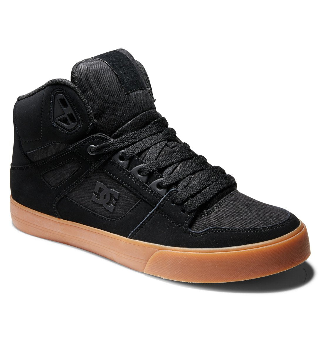 A black high-top sneaker with a brown rubber sole, accented by the DC Shoes logo on the side and tongue, black laces, and a padded collar—these Men’s Pure High-Top Shoes from DC Shoes are among our best-sellers, renowned for their durability and comfort.