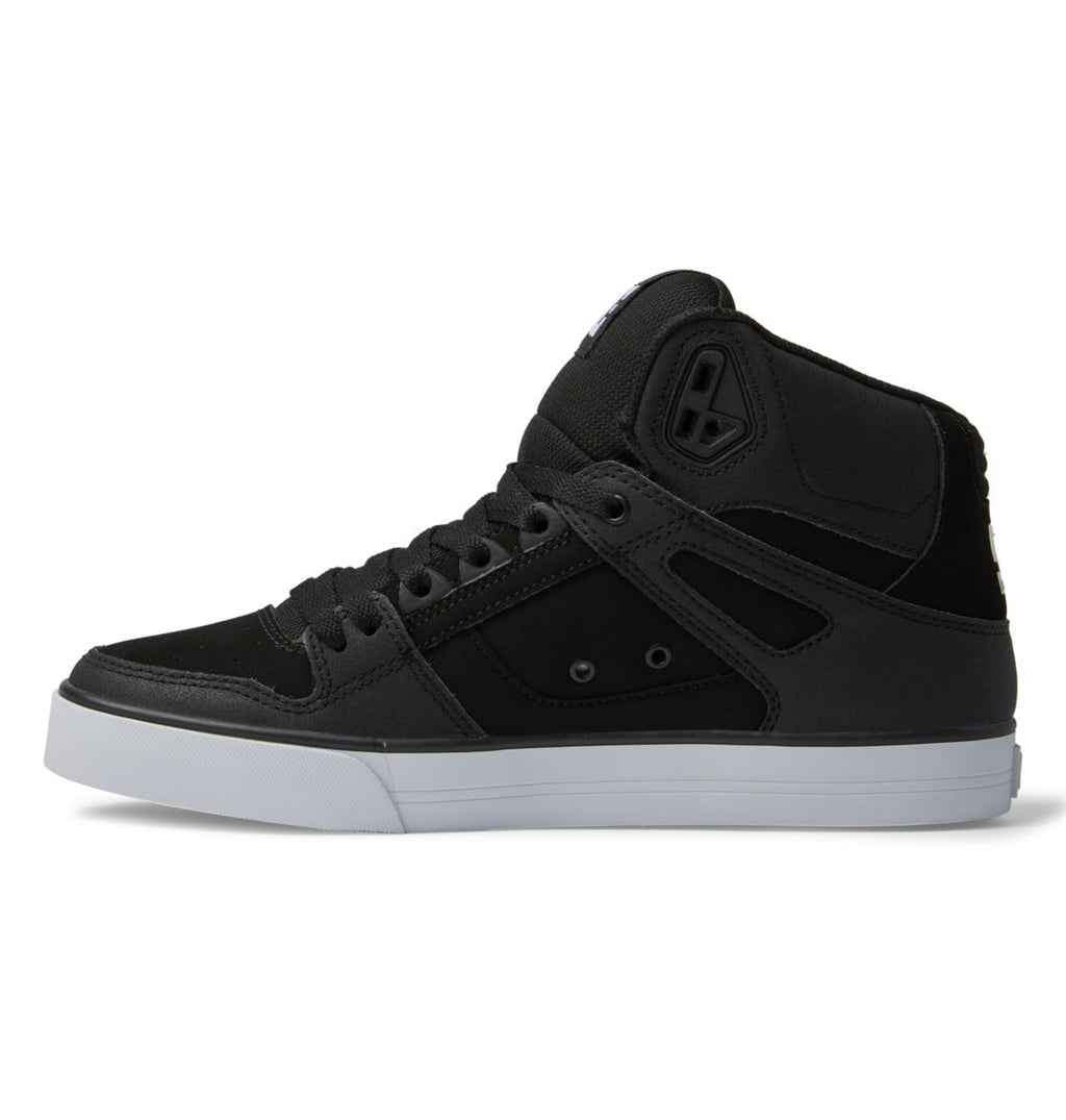 A left-side view of the Men’s Pure High-Top Shoes by DC Shoes, featuring a black special edition design with a white sole, black laces, and subtle side detailing, displayed against a white background.