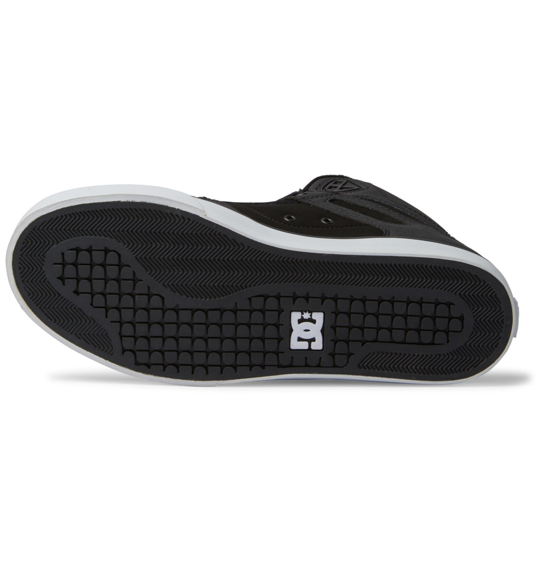 The Men’s Pure High-Top Shoe by DC Shoes is pictured sole-up, displaying a bold white DC Shoes logo at the center and a crisp white outer edge. The outsole’s durable tread combines wavy and square patterns, highlighting these high-tops’ reliable grip for traction both on and off the board.