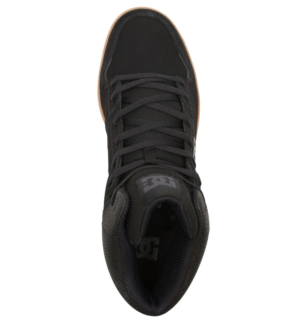 Top view of the Men’s DC Pure High-Top Shoe by DC Shoes in black, featuring black laces, a brown sole, and a faint logo on the tongue. This unworn leather high-top sneaker has padded sides for added comfort.