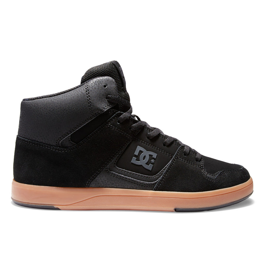 The Men’s DC Pure High-Top Shoes by DC Shoes are photographed on a plain white background and feature a black leather upper with a combination of smooth and textured materials, black laces, a brown rubber sole, and the signature DC logo on the side. This classic skate-style high-top sneaker combines durability and style.
