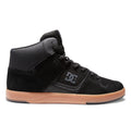 The Men’s DC Pure High-Top Shoes by DC Shoes are photographed on a plain white background and feature a black leather upper with a combination of smooth and textured materials, black laces, a brown rubber sole, and the signature DC logo on the side. This classic skate-style high-top sneaker combines durability and style.