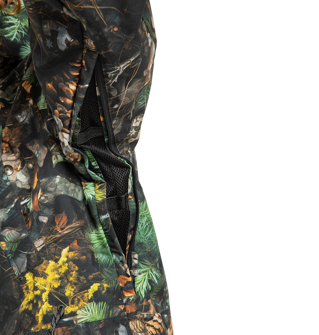 Close-up of the DC Shoes Men’s Tundra Insulated Jacket, featuring an eco-friendly design with a camouflage pattern composed of green, brown, and yellow leaves, branches, and pine needles. The image highlights an open zippered vent lined with black mesh fabric.
