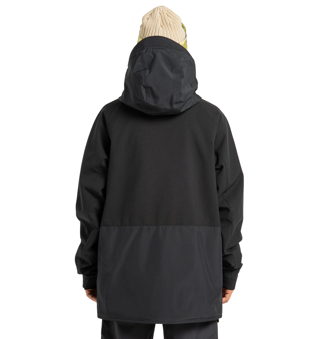 A person facing away, wearing the DC Shoes Men’s Tundra Insulated Jacket in two-tone black with a hood and a beige knit beanie, standing against a plain white background.