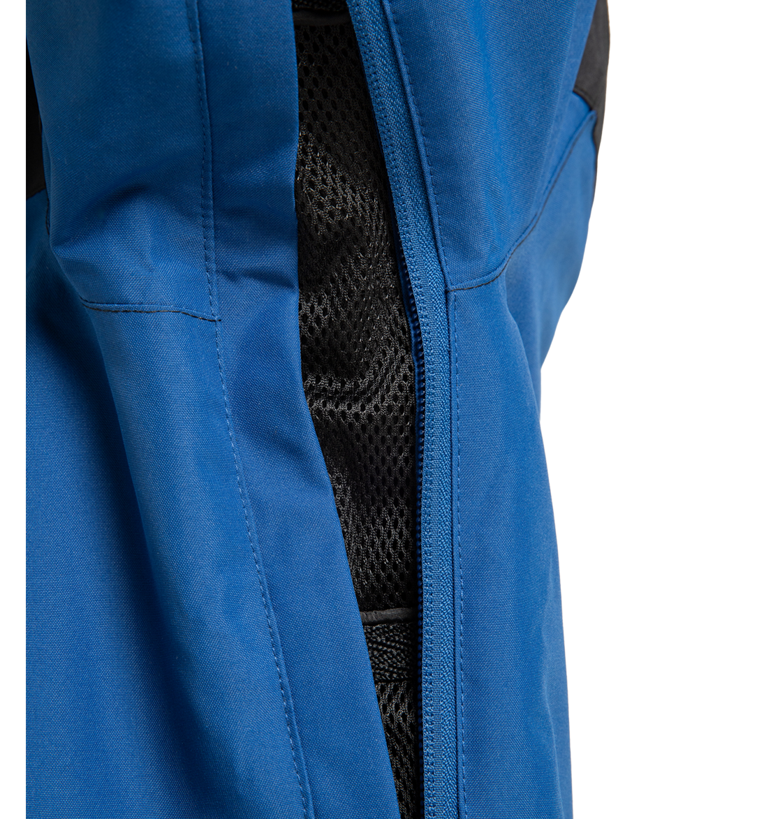 Close-up of the Men’s Defiant Insulated Jacket by DC Shoes in blue, featuring a partially unzipped vent that reveals black mesh lining underneath. Made from recycled polyester and enhanced with Weather Defense 10 technology for dependable protection against the elements.