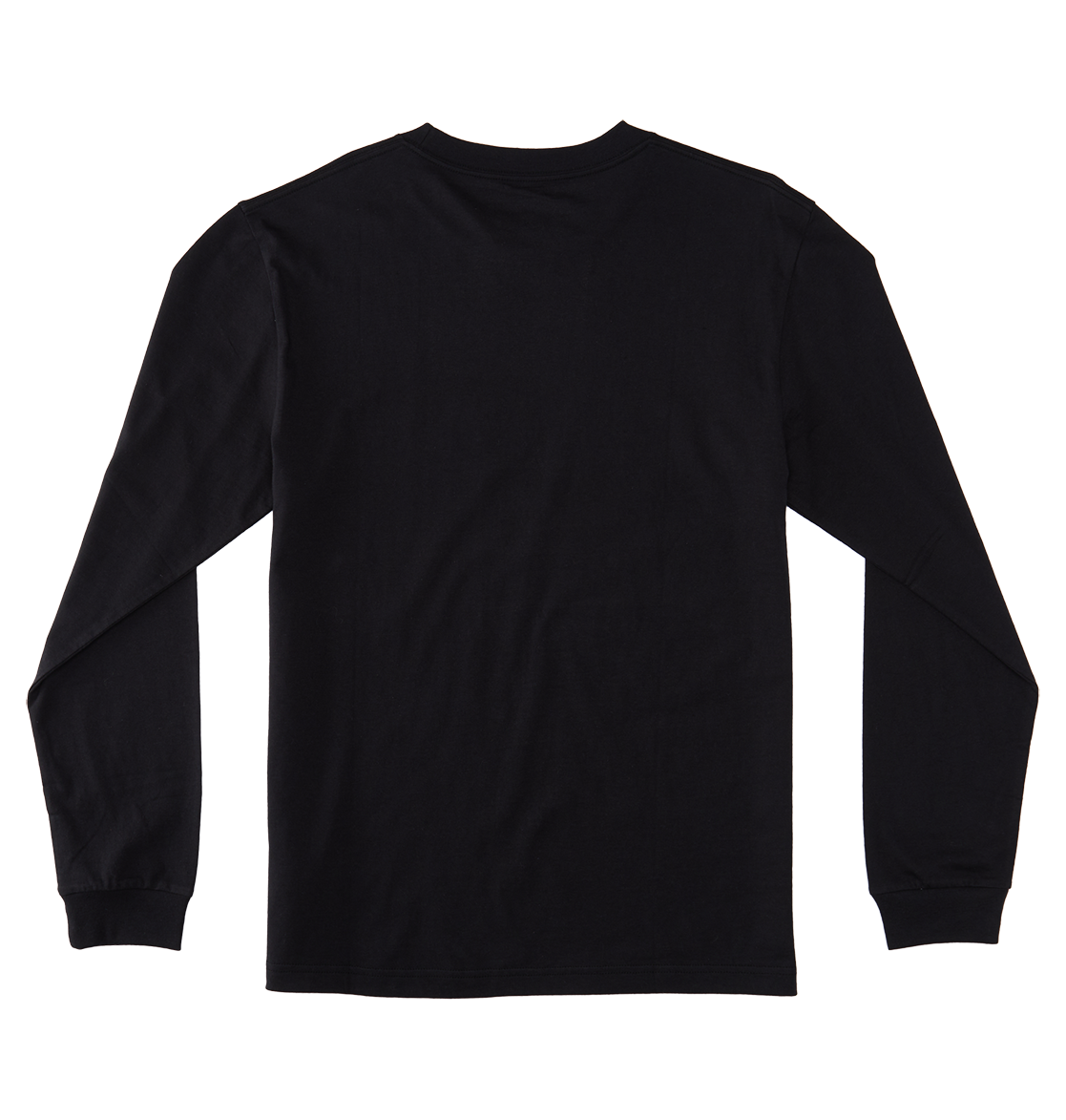 The Men's DC Star Tee by DC Shoes is a black long-sleeve graphic shirt with a crew neckline and ribbed cuffs, shown laid flat with the back facing up—ideal for skate sessions or casual wear.