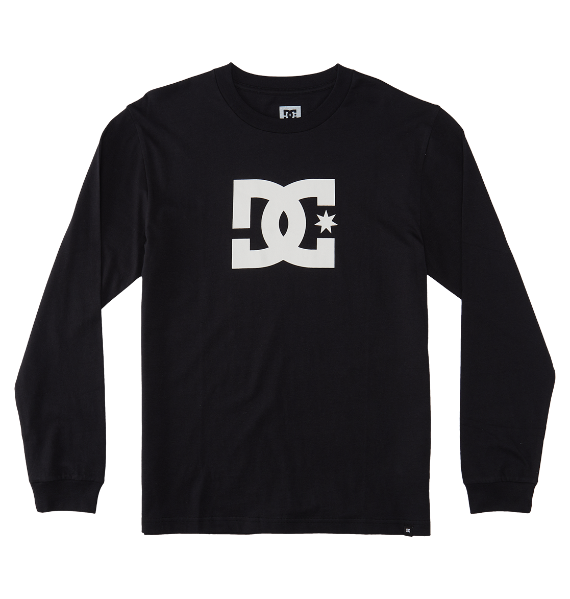 The Men's DC Star Tee by DC Shoes is a black long-sleeve graphic shirt with a bold white star logo on the chest, featuring a crew neckline and classic design—ideal for casual wear or skate sessions.
