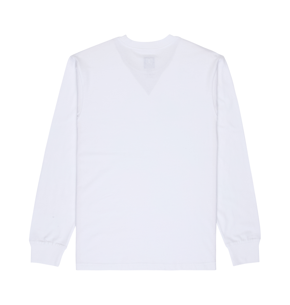 The Men's DC Star Tee by DC Shoes is shown laid flat from the back. This plain white long-sleeve shirt features a crew neckline and ribbed cuffs, perfect for layering or pairing with your favorite skatewear. No visible logos or designs.