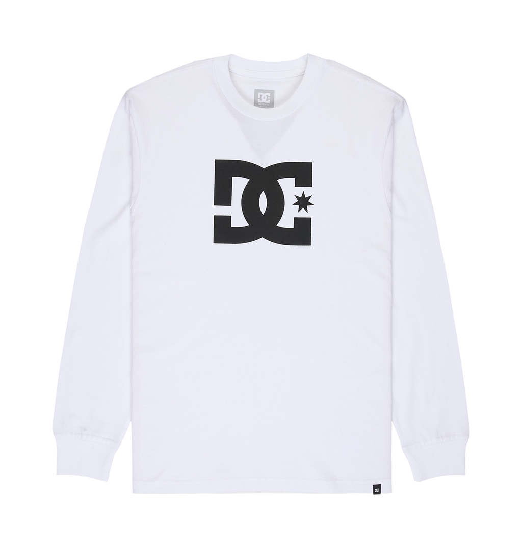 The Men's DC Star Tee by DC Shoes is a white long-sleeve shirt with a bold black DC Shoes logo and star on the chest, ideal for skate sessions or showcasing iconic DC style.