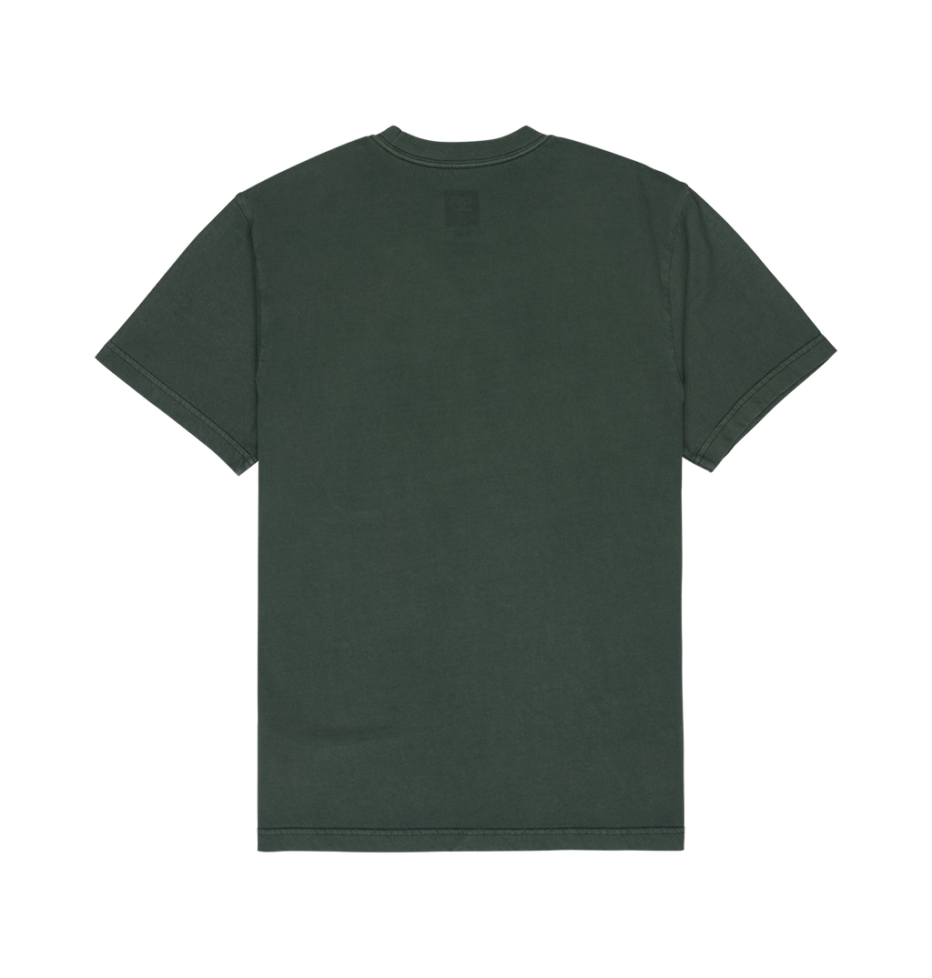 A men's DC Shoes Star Pigment Dye Tee in dark green is displayed flat with the back side visible against a white background, ideal for those who appreciate the relaxed fit of a classic graphic skate tee.