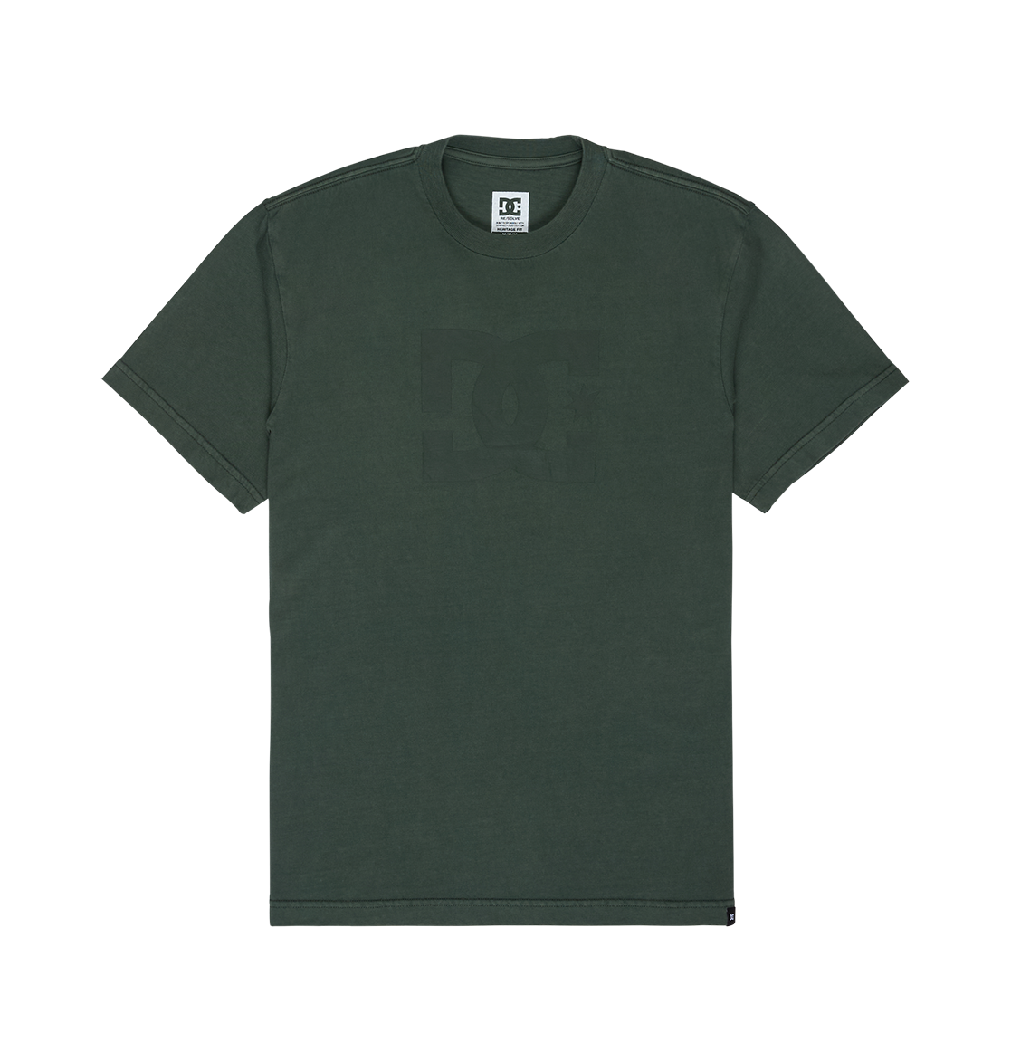 A dark green Men's DC Star Pigment Dye Tee by DC Shoes, featuring short sleeves, a subtle DC logo graphic on the chest, a DC tag on the collar, and relaxed fit styling, displayed on a plain white background.