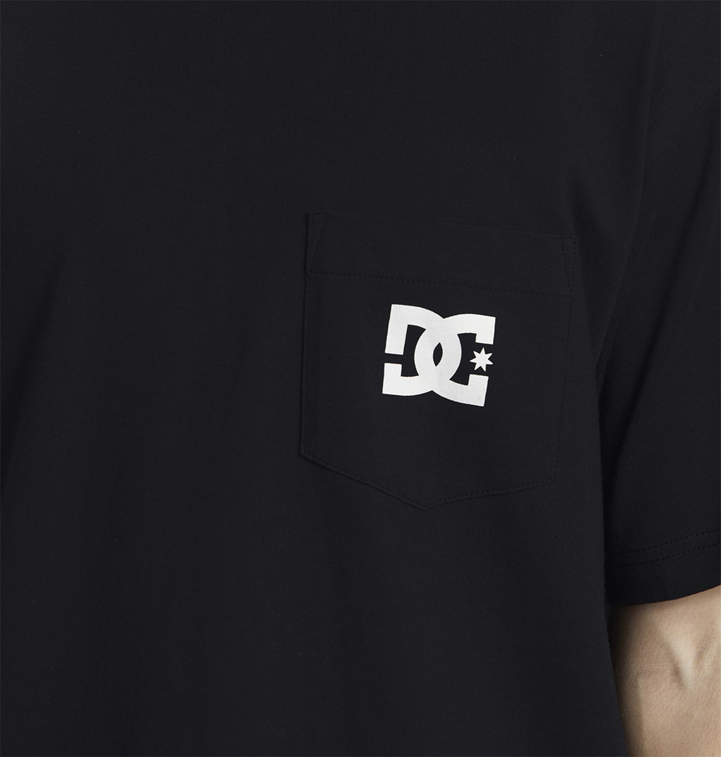 The Men's DC Star Pocket Tee by DC Shoes is a black cotton skate shirt with a relaxed fit and a small chest pocket featuring the iconic white interlocking DC Shoes logo and star.