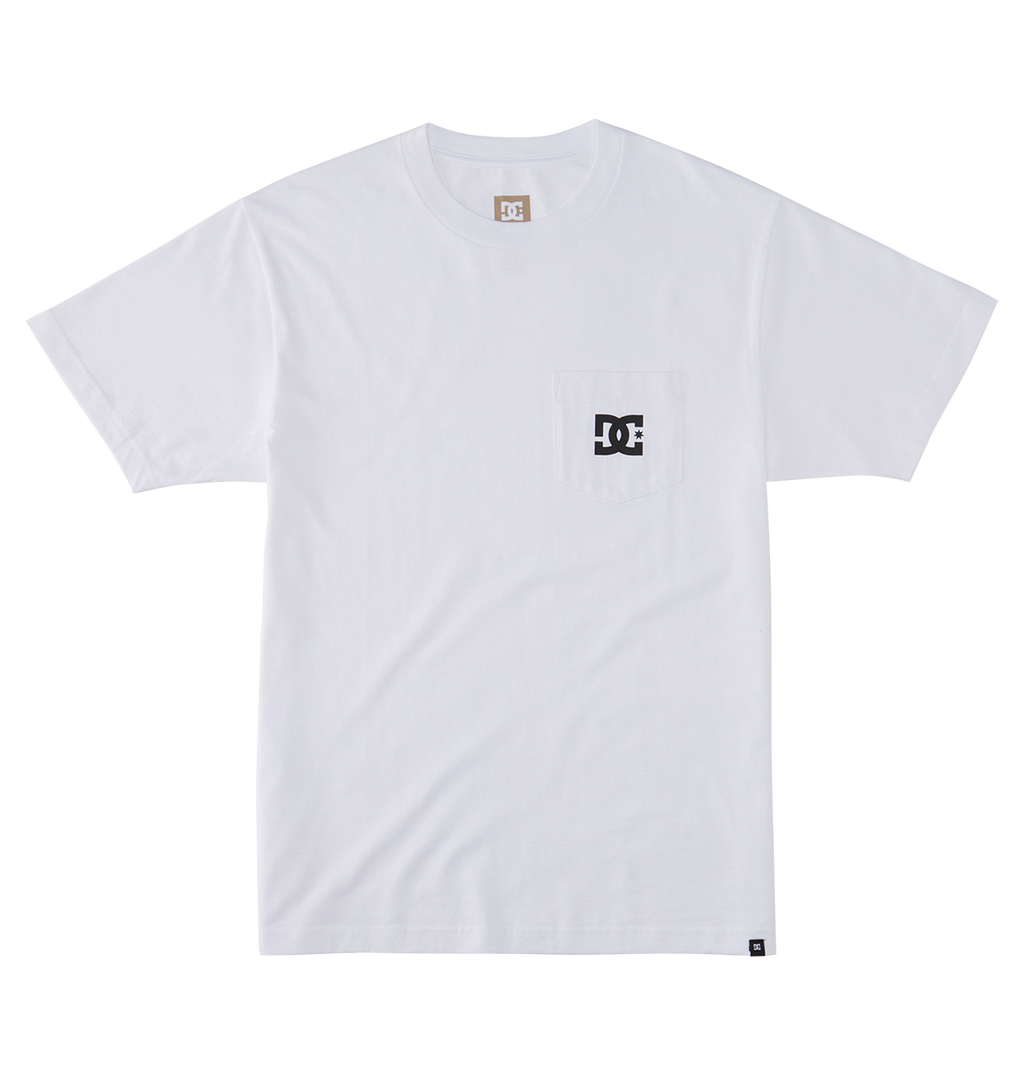 The Men's DC Star Pocket Tee by DC Shoes is a plain white short-sleeve cotton shirt with a small left chest pocket featuring a black DC logo, shown laid flat on a white background.