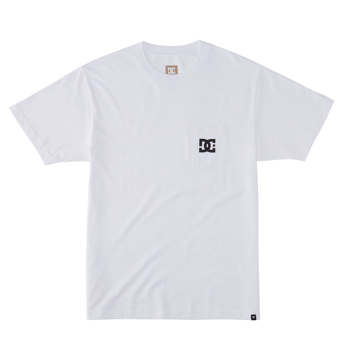The Men's DC Star Pocket Tee by DC Shoes is a plain white short-sleeve cotton shirt with a small left chest pocket featuring a black DC logo, shown laid flat on a white background.