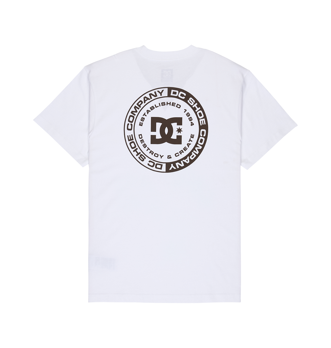The Men's DC Corpo Tee by DC Shoes is a white relaxed fit t-shirt featuring a large circular black graphic on the back with the DC Shoes logo, “DC Shoe Company,” and “Established 1994.”.