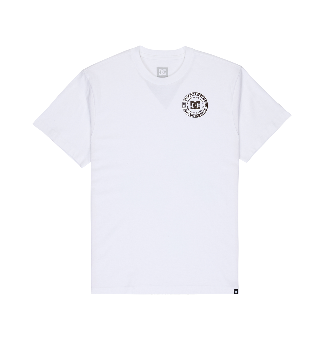 The Men's DC Corpo Tee by DC Shoes is a white, short-sleeve, relaxed fit shirt featuring a small black corporate logo with circular text on the left chest. The graphic skate tee is displayed flat on a plain white background.