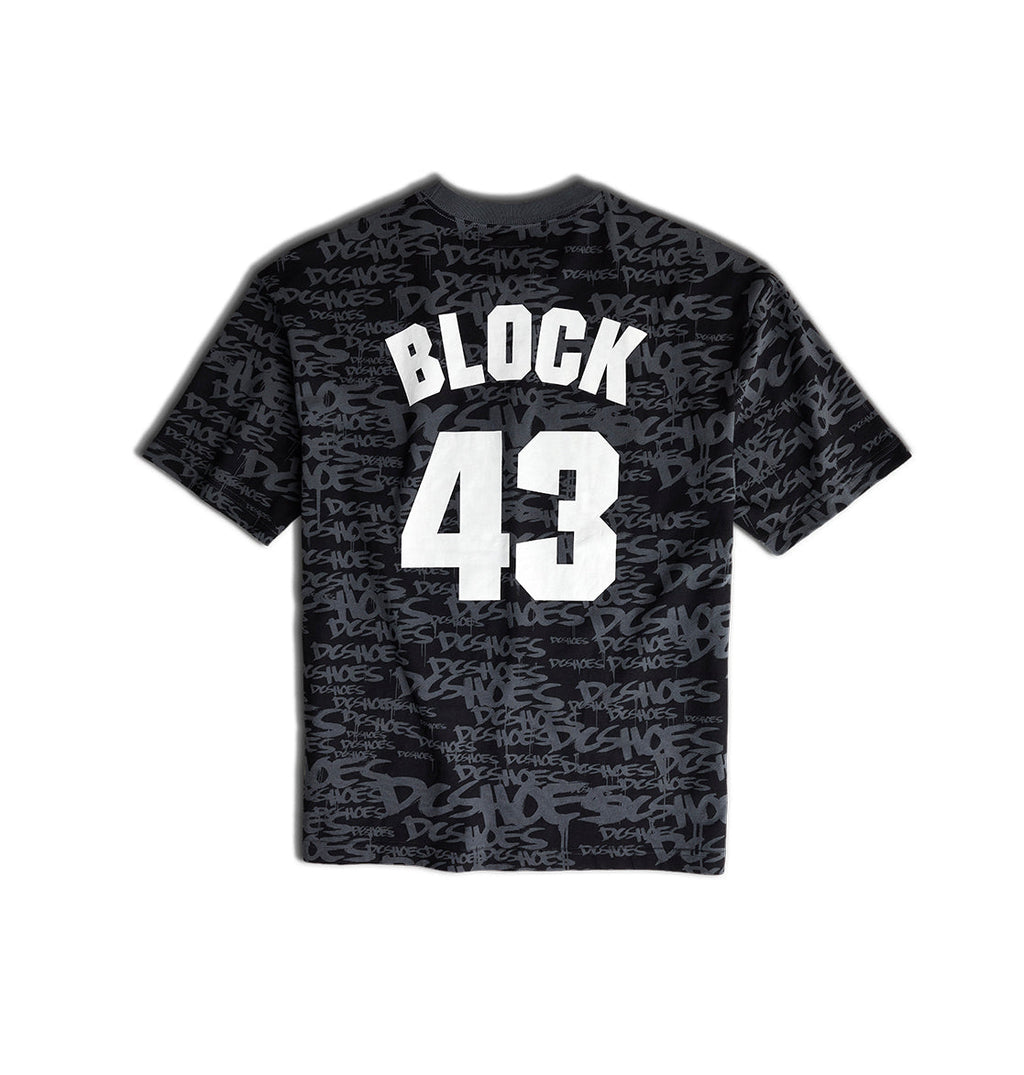 The Men’s Block43 HSS T-Shirt by DC Shoes features bold BLOCK lettering and a large white number 43 on the back, set against a gray repeating DCSHOES pattern. This black tee is part of the exclusive Rally Teamworks Collection.
