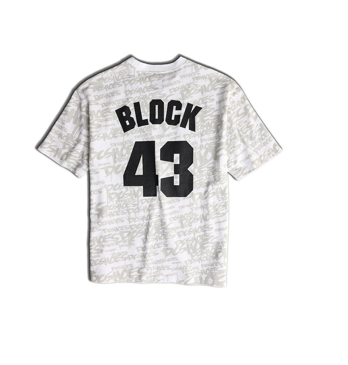 DC Shoes Men’s Block43 HSS T-Shirt in white with short sleeves features grey graffiti-style text and large black BLOCK print letters with the number 43 on the back, inspired by Ken’s Rally Teamworks Collection.