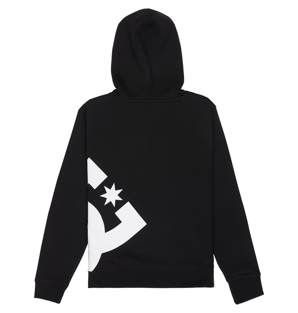 The DC Shoes Lanai Hoodie Youth is a black pullover with a bold white star and geometric graphic on the lower left back, designed for cozy fleece warmth.