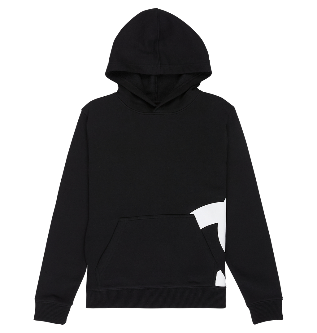 The DC Shoes Lanai Hoodie Youth is a black pullover with long sleeves, a front pocket, and white DC graphics on the lower right. Laid flat on white, it delivers classic fleece warmth with modern street style.